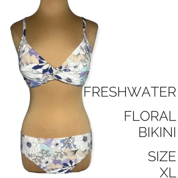 Freshwater size XL multicolor floral bikini blue lavender white cream - Picture 1 of 12